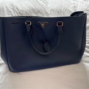 Prada Dark Blue Leather Handbag with Gold Accents